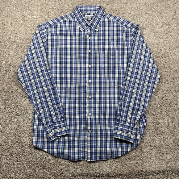 Peter Millar Button Down Shirt Mens Large L Blue White Plaid Long Sleeve Stretch - Picture 2 of 8